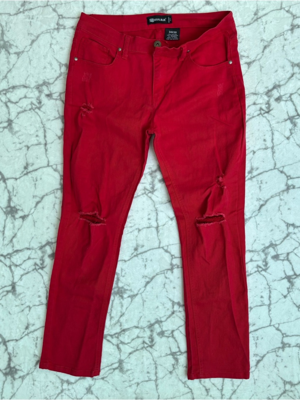 ROYAL BLUE Bright Red Jeans Size 34W x 30L Distressed Ripped Skinny Fit Punk